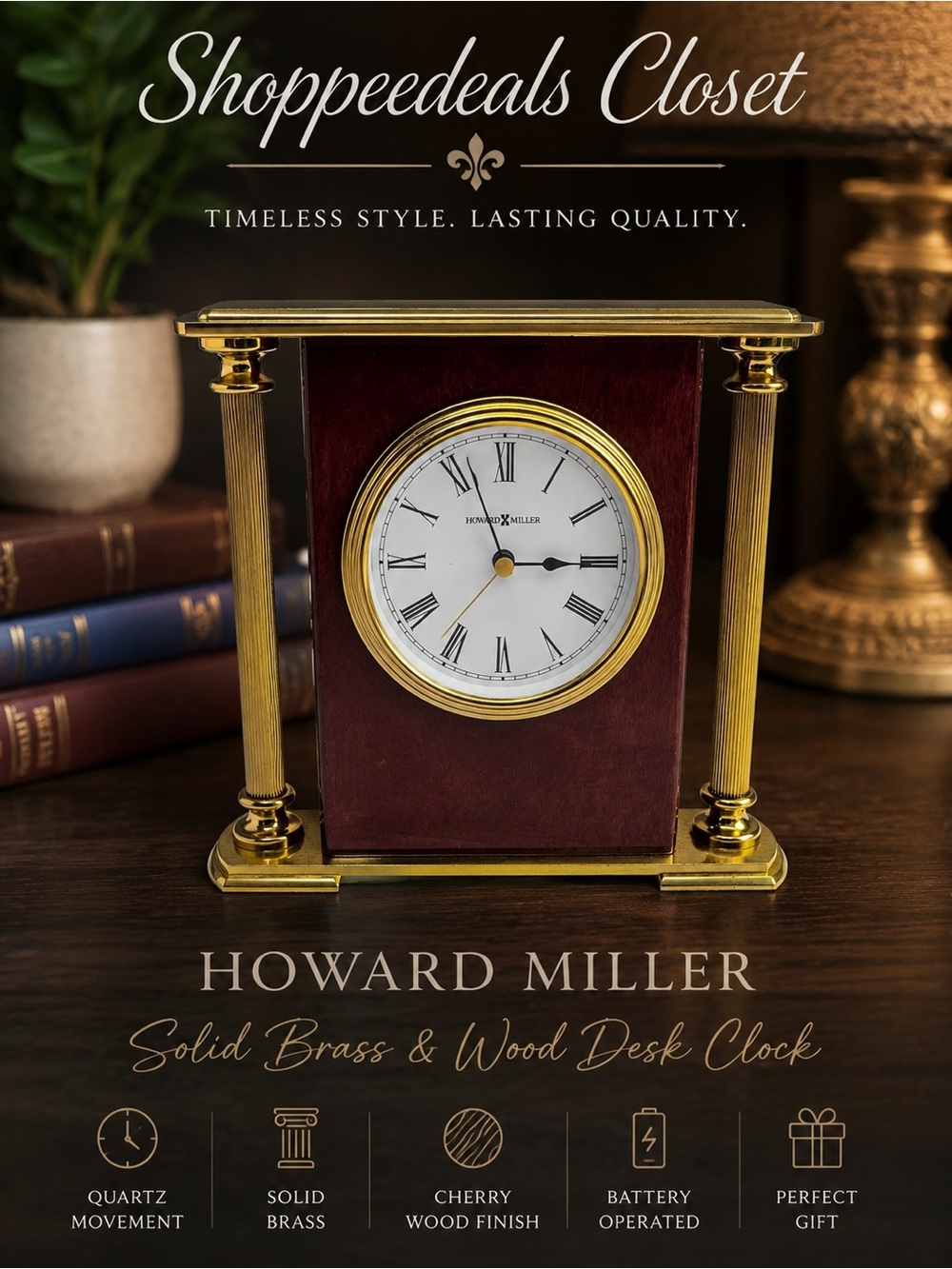 Howard Miller Solid Brass & Wood Desk Clock – Quartz Mantel Clock